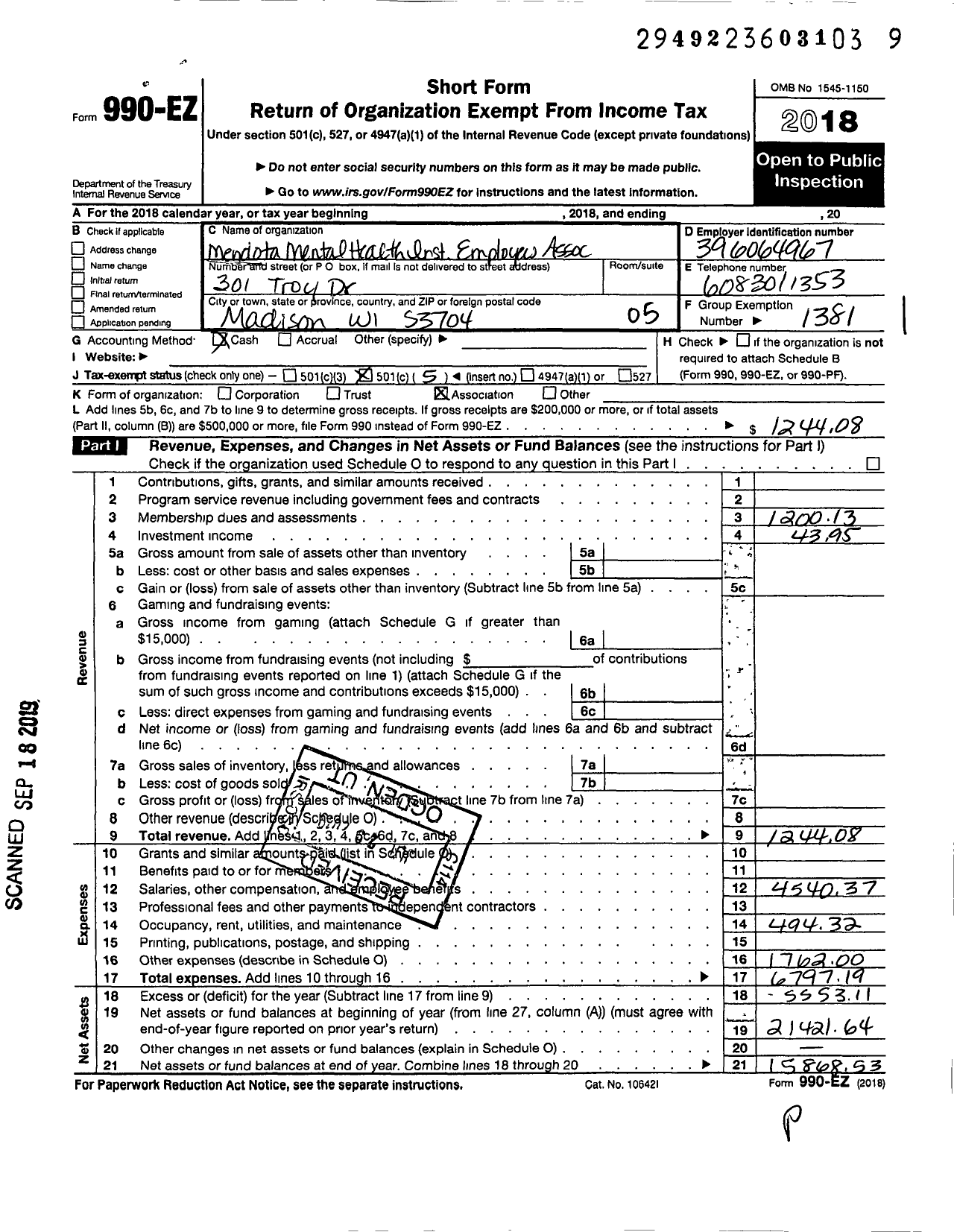 Image of first page of 2018 Form 990EO for American Federation of State County & Municipal Employees - L0013wi Mendota Mental HLTH Inst