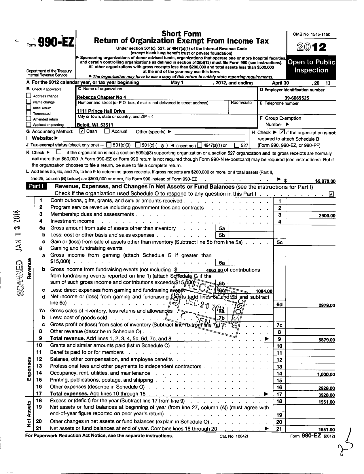 Image of first page of 2012 Form 990EO for Rebecca Chapter No 4