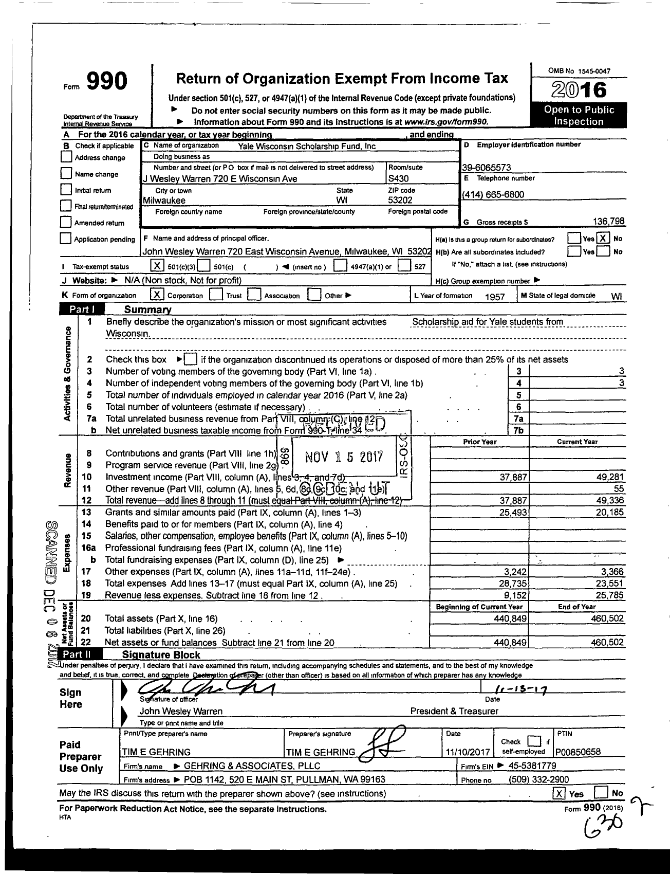 Image of first page of 2016 Form 990 for Yale Wisconsin Scholarship Fund