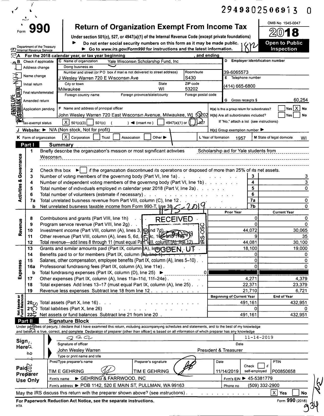 Image of first page of 2018 Form 990 for Yale Wisconsin Scholarship Fund