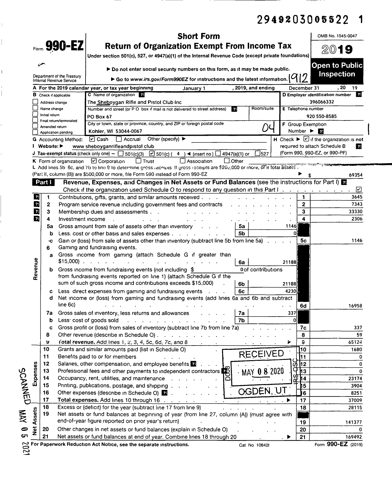 Image of first page of 2019 Form 990EO for The Sheboygan Rifle and Pistol Club