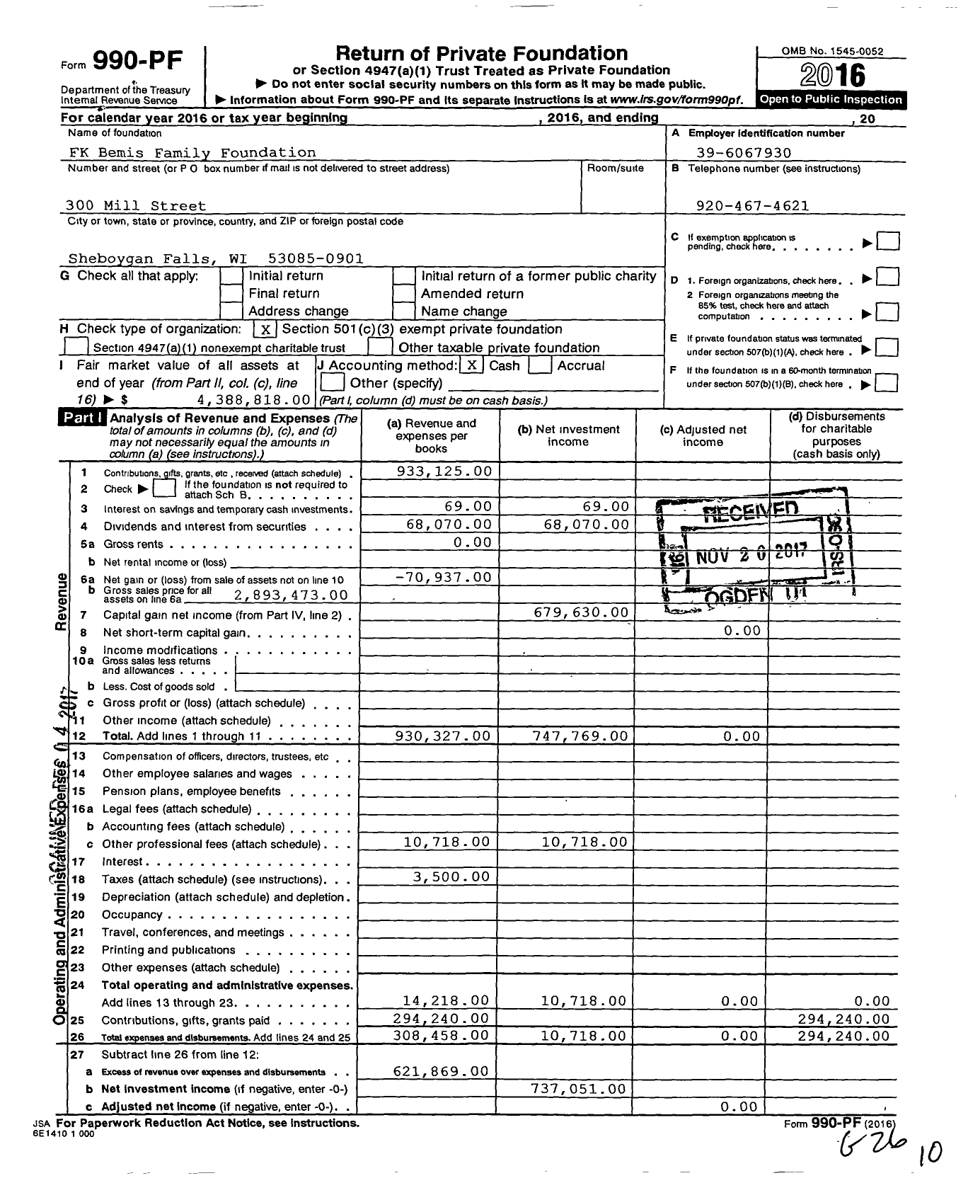 Image of first page of 2016 Form 990PF for FK Bemis Family Foundation