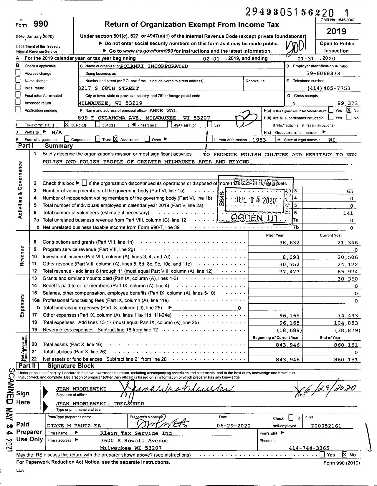 Image of first page of 2019 Form 990 for Polanki Incorporated