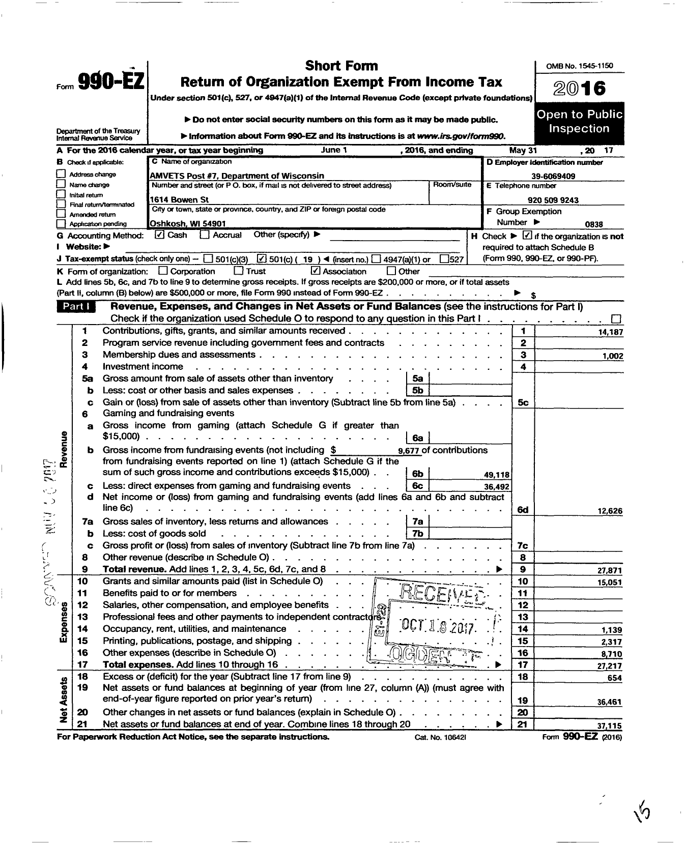 Image of first page of 2016 Form 990EO for Amvets Post 7 Department of Wisconsin