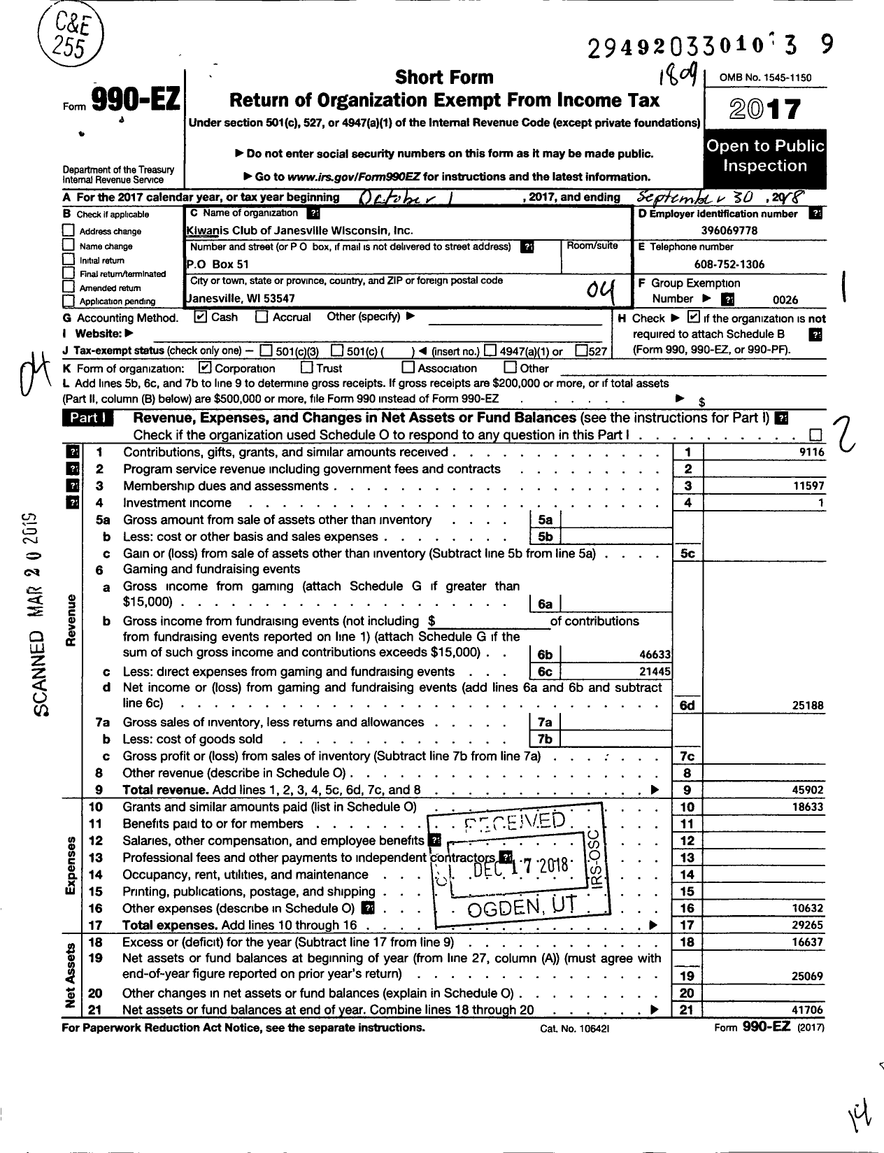 Image of first page of 2017 Form 990EO for Kiwanis International - K00455 Janesville