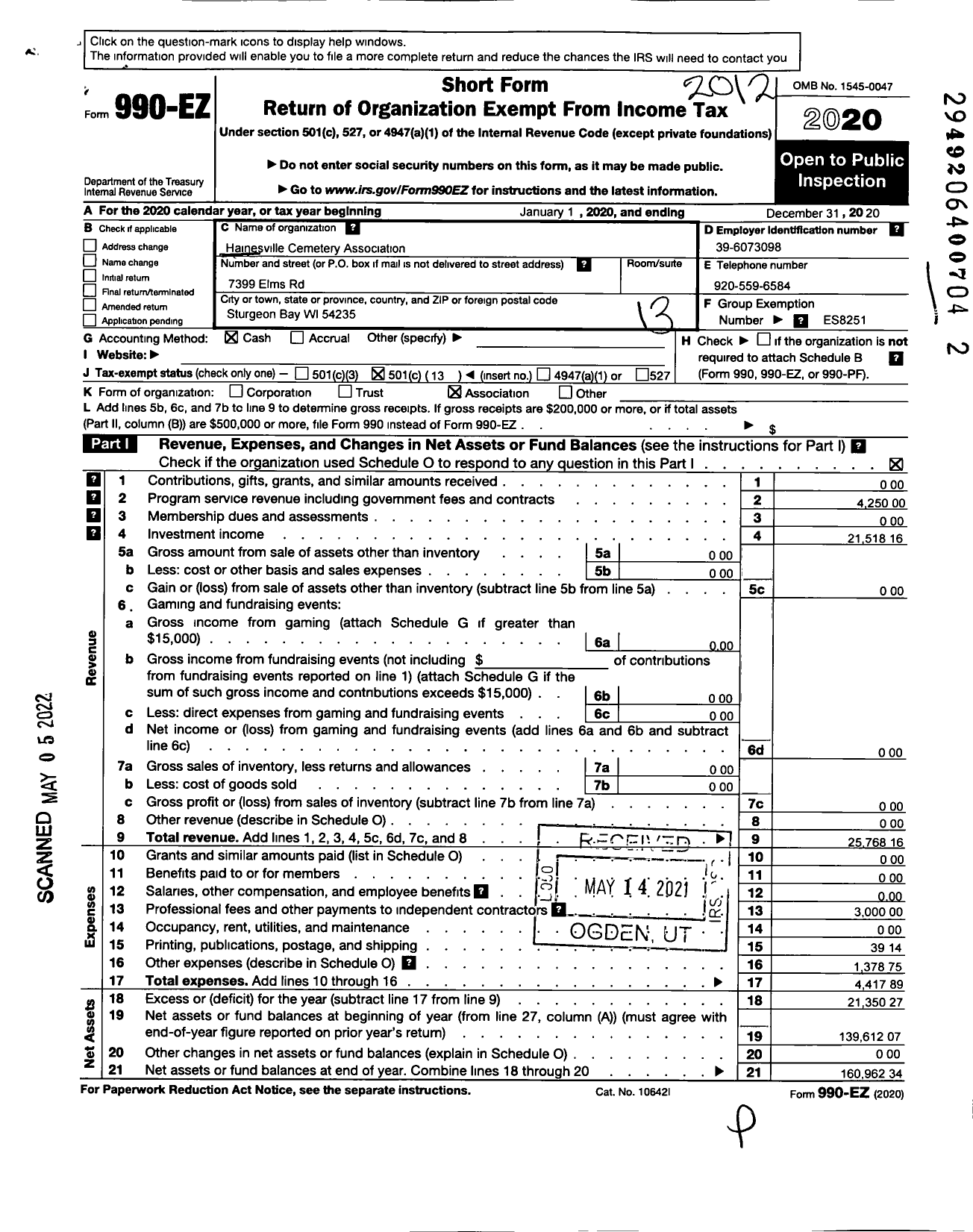 Image of first page of 2020 Form 990EO for Hainesville Cemetery Association