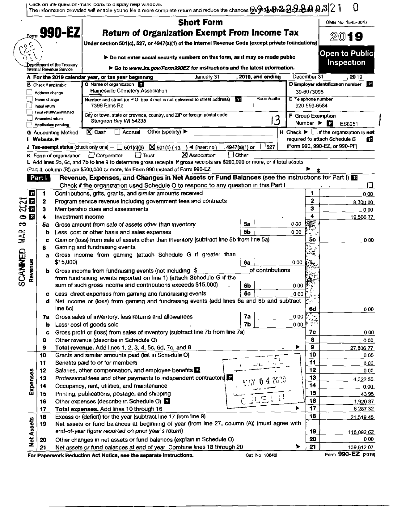 Image of first page of 2019 Form 990EO for Hainesville Cemetery Association