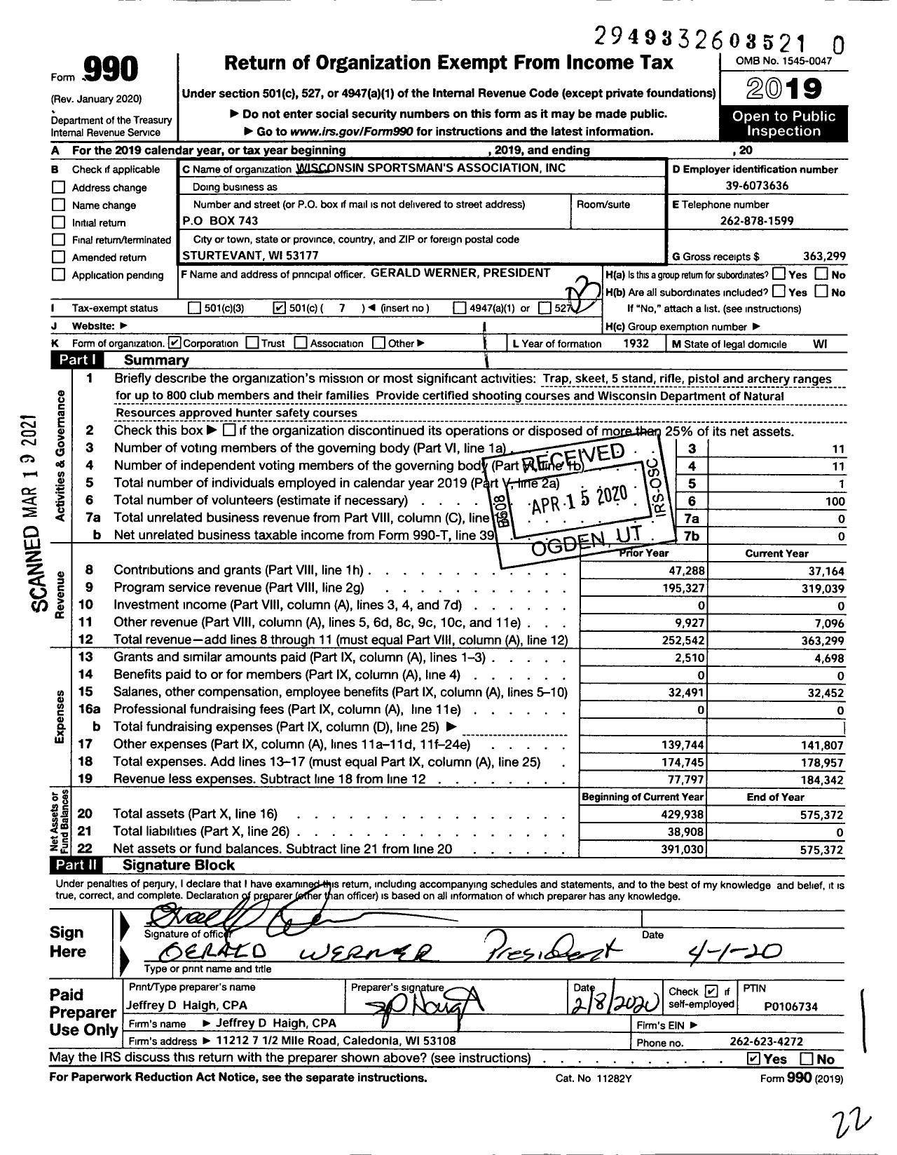 Image of first page of 2019 Form 990 for Wisconsin Sportsmans Association