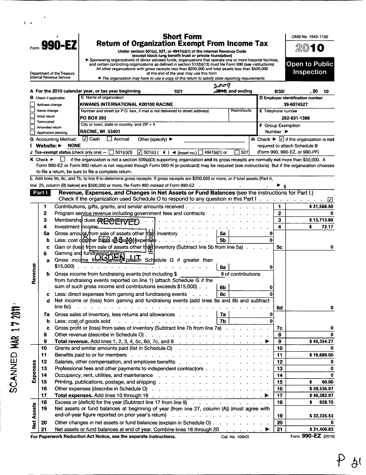 Image of first page of 2009 Form 990EO for Kiwanis International - K00100 Racine