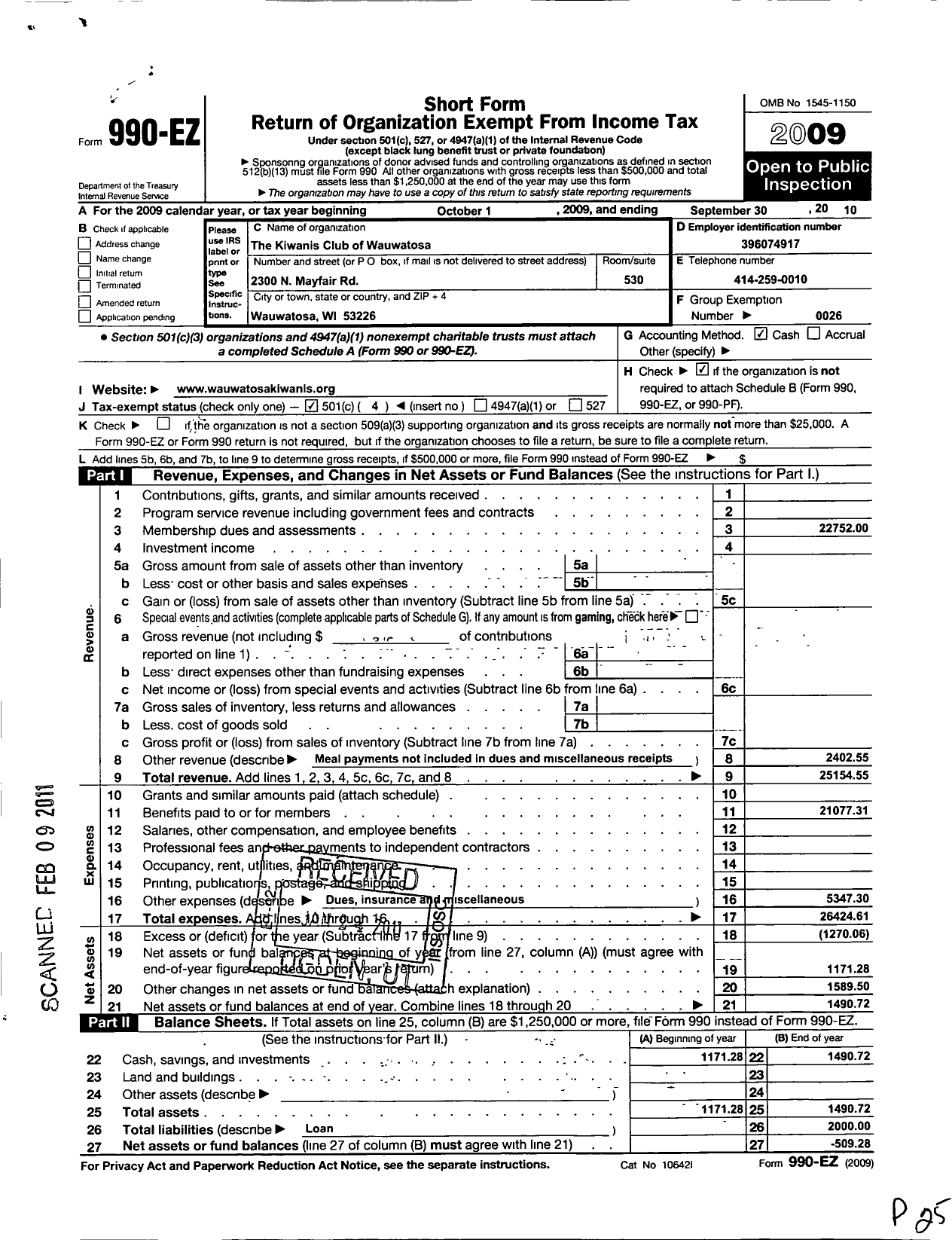 Image of first page of 2009 Form 990EO for The Kiwanis Club of Wauwatosa