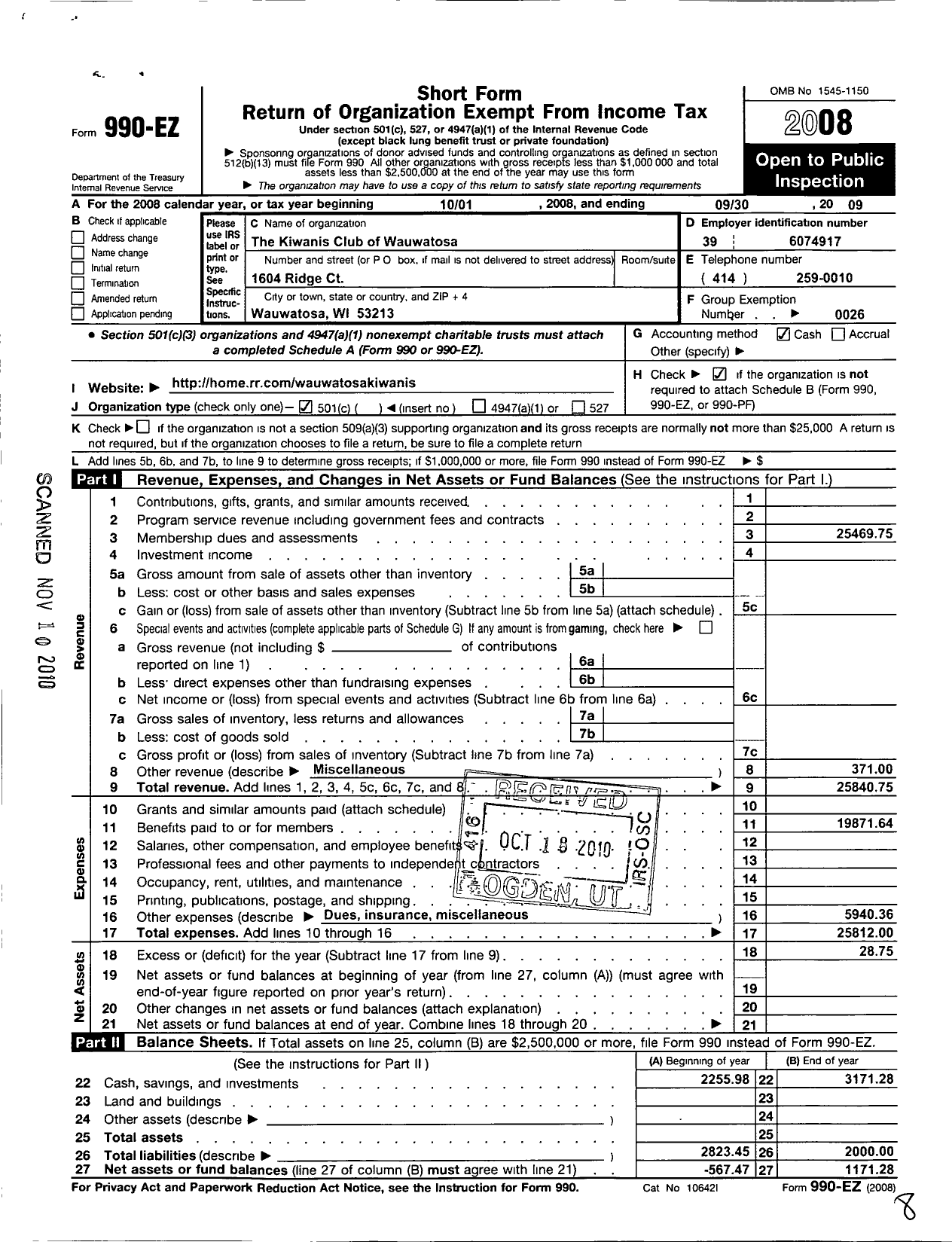 Image of first page of 2008 Form 990EO for The Kiwanis Club of Wauwatosa