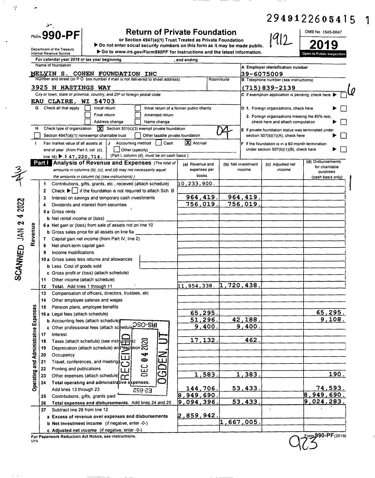 Image of first page of 2019 Form 990PF for Melvin S Cohen Foundation