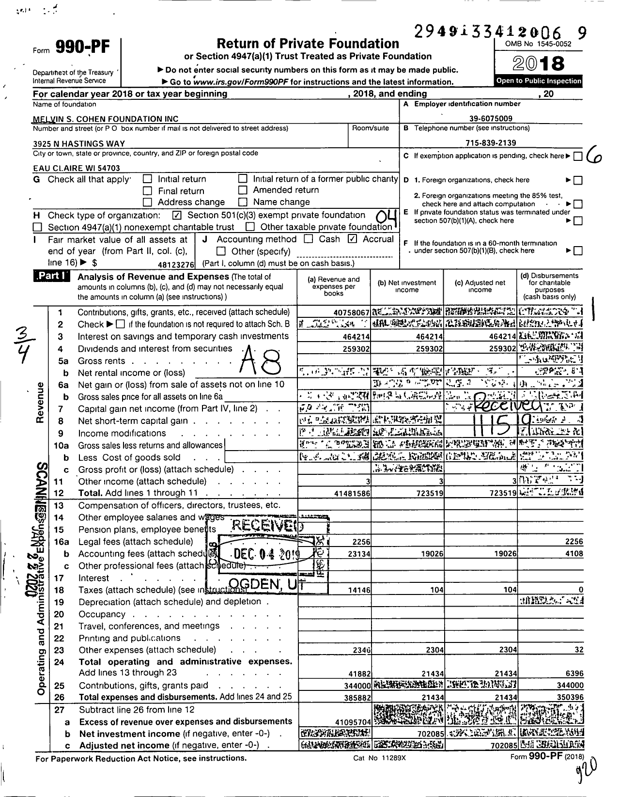 Image of first page of 2018 Form 990PF for Melvin S Cohen Foundation