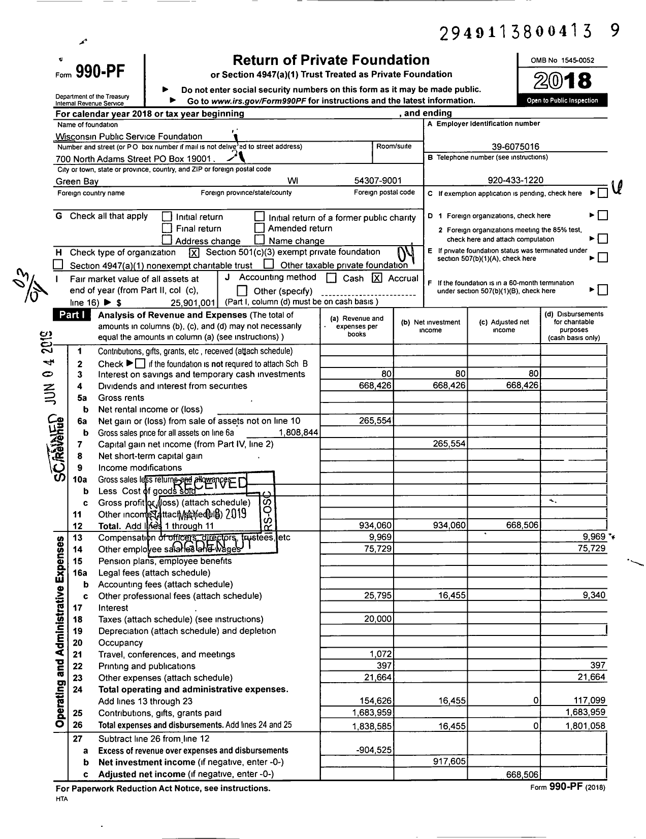 Image of first page of 2018 Form 990PF for Wisconsin Public Service Foundation