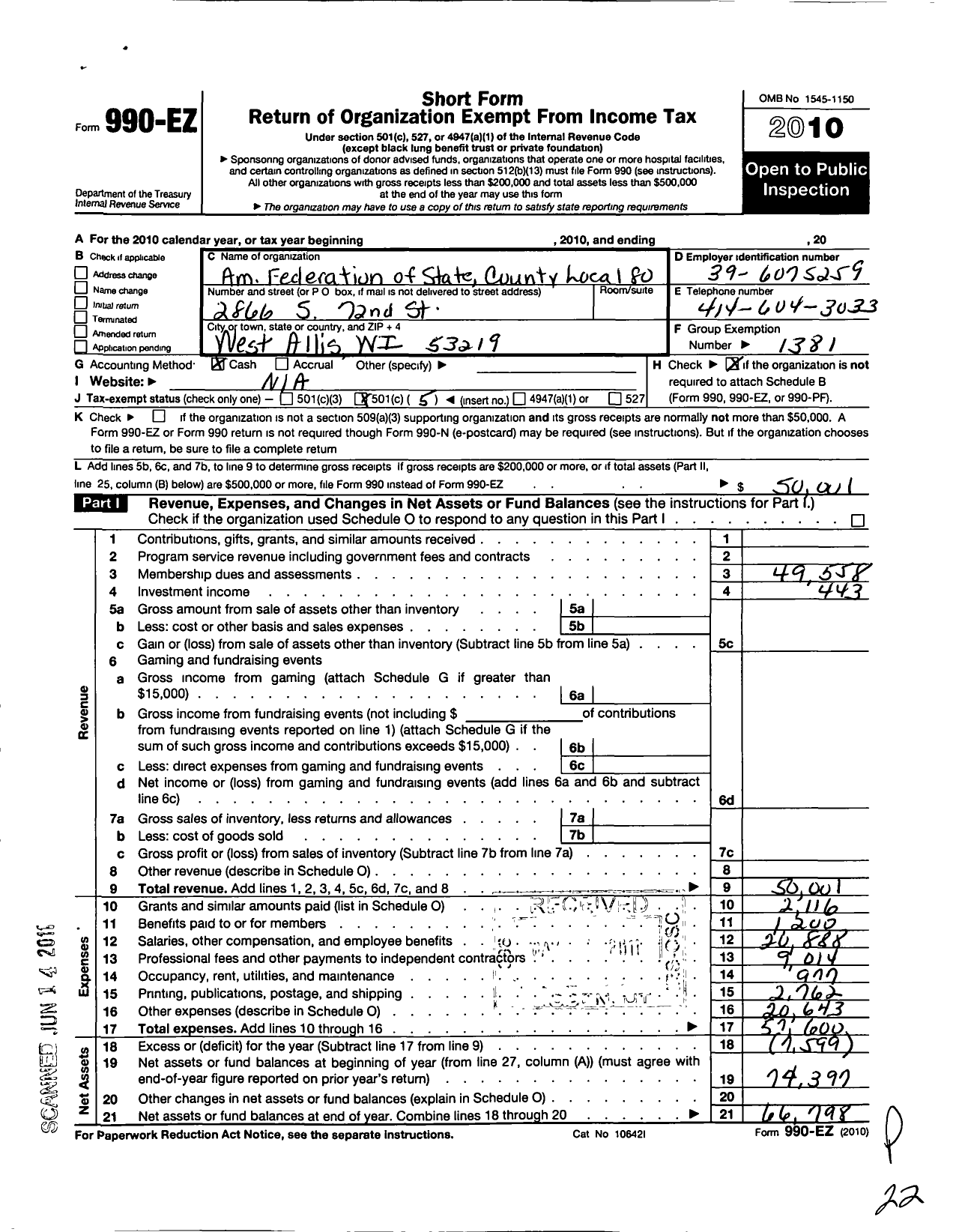 Image of first page of 2010 Form 990EO for American Federation of State County & Municipal Employees - L0080wi West Allis City School Emp