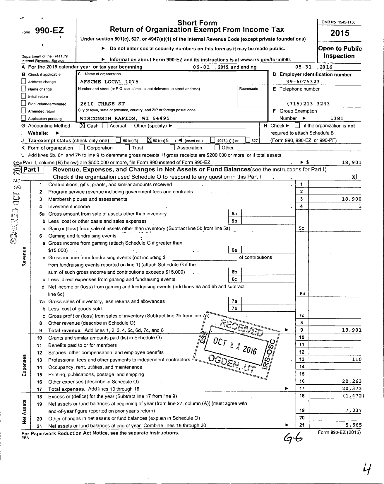 Image of first page of 2015 Form 990EO for American Federation of State County & Municipal Employees - L1075wi Wisc Rapids City & SCH Emps