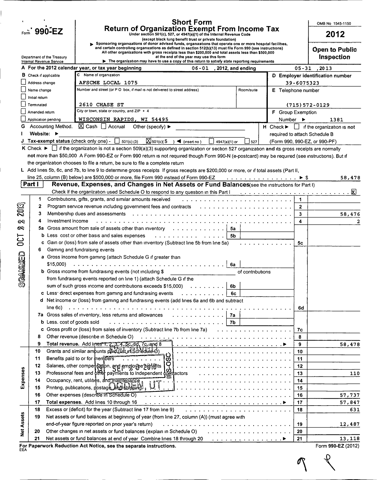 Image of first page of 2012 Form 990EO for American Federation of State County & Municipal Employees - L1075wi Wisc Rapids City & SCH Emps