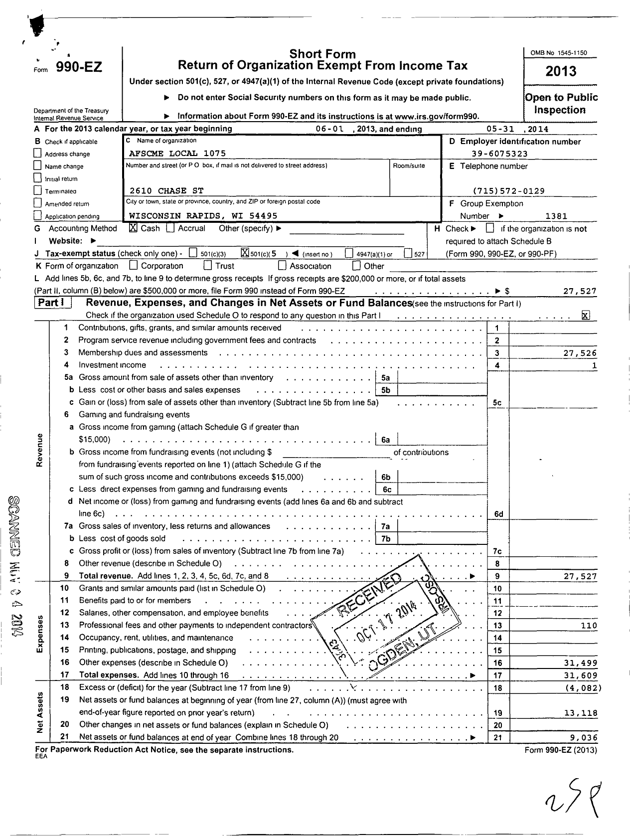 Image of first page of 2013 Form 990EO for American Federation of State County & Municipal Employees - L1075wi Wisc Rapids City & SCH Emps