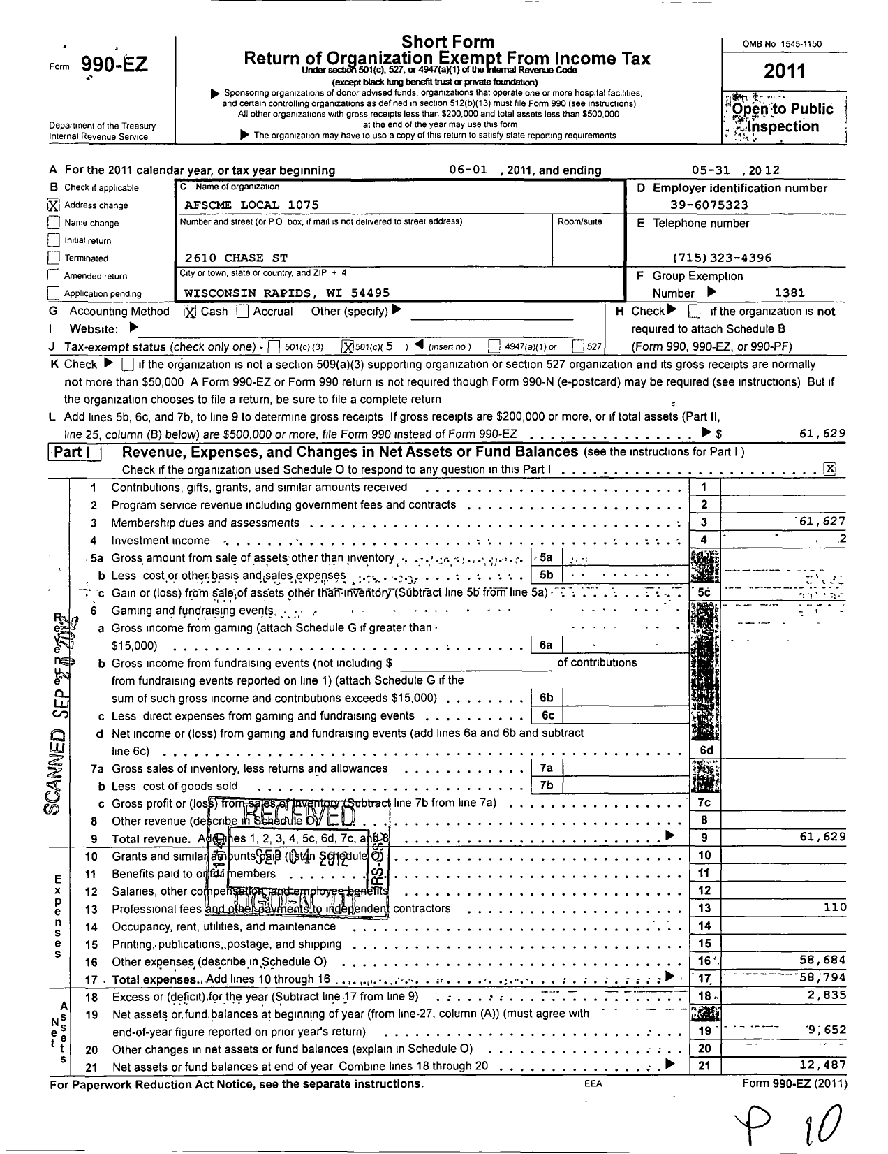 Image of first page of 2011 Form 990EO for American Federation of State County & Municipal Employees - L1075wi Wisc Rapids City & SCH Emps