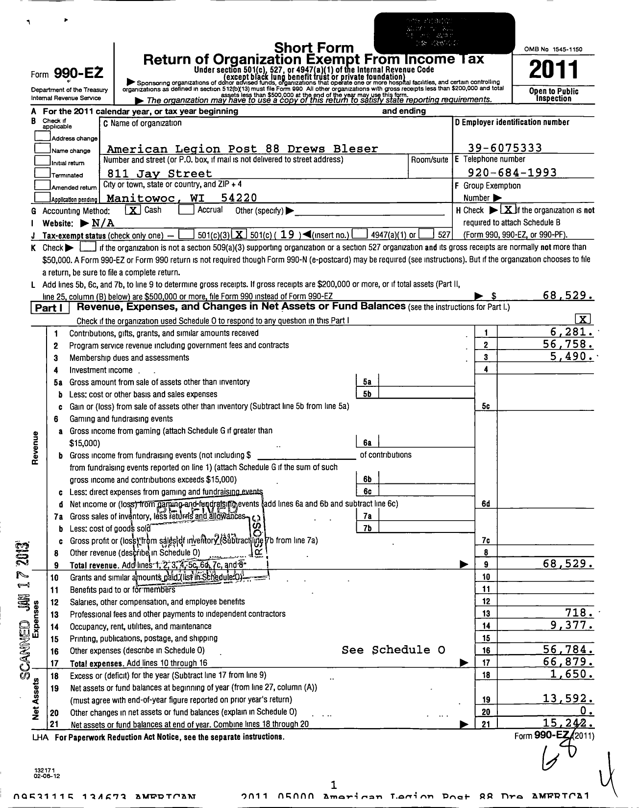 Image of first page of 2011 Form 990EO for American Legion - 88 Post Drew-Bleser