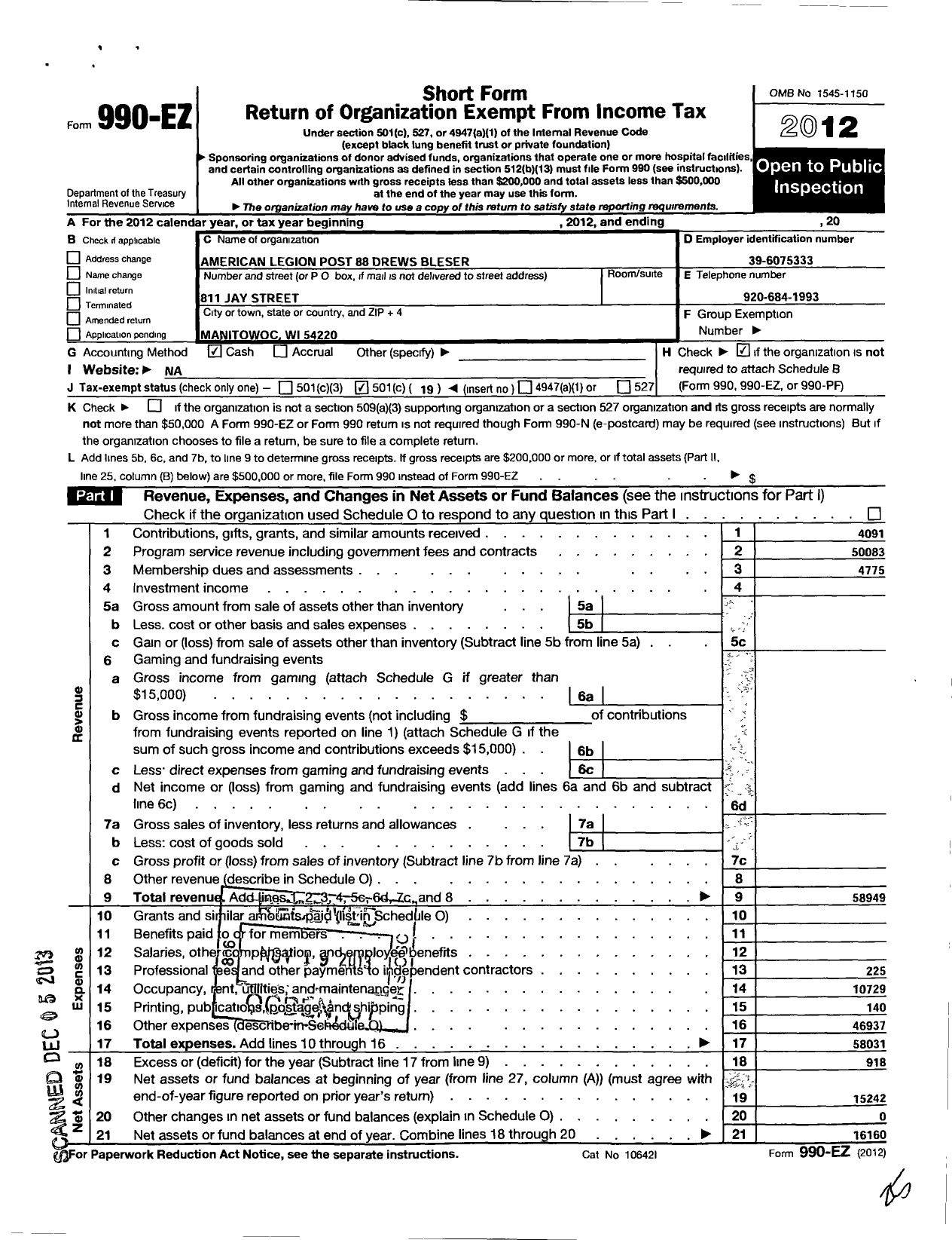 Image of first page of 2012 Form 990EO for American Legion - 88 Post Drew-Bleser