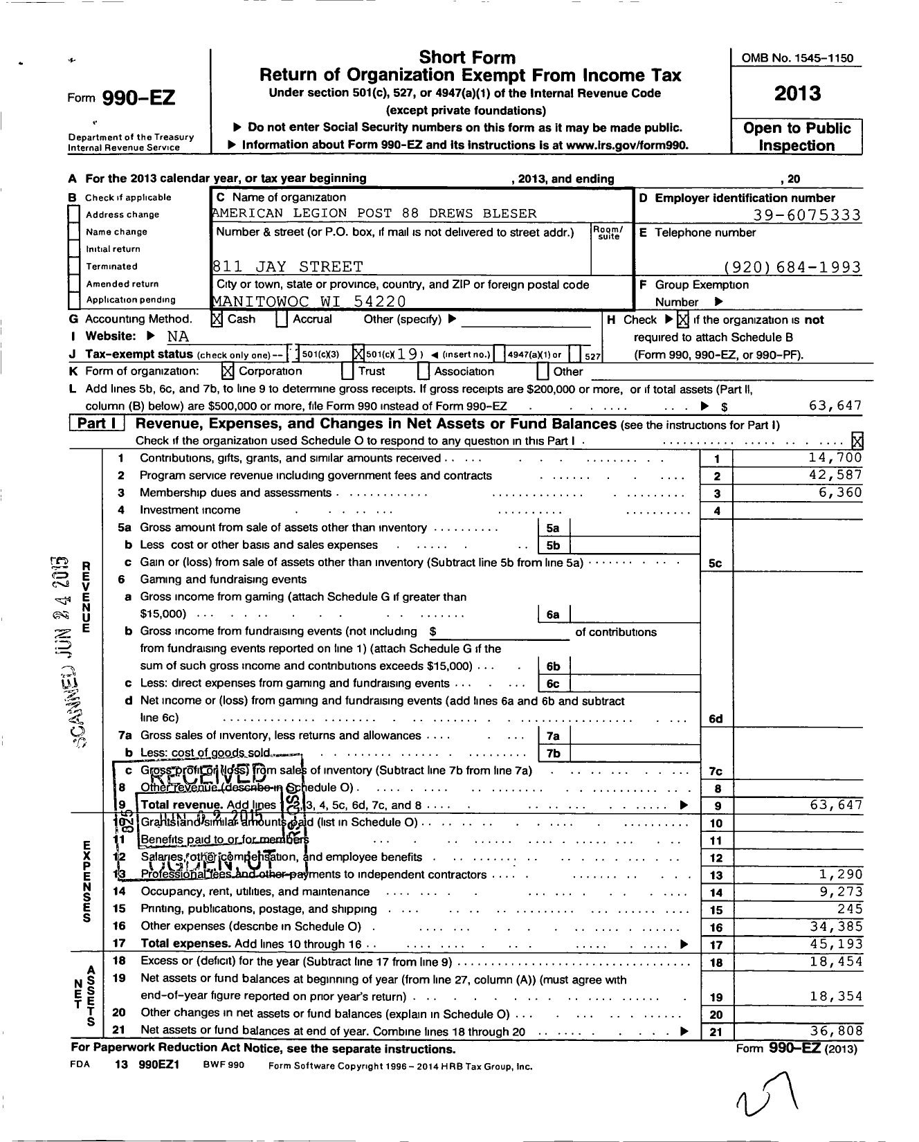 Image of first page of 2013 Form 990EO for American Legion - 88 Post Drew-Bleser