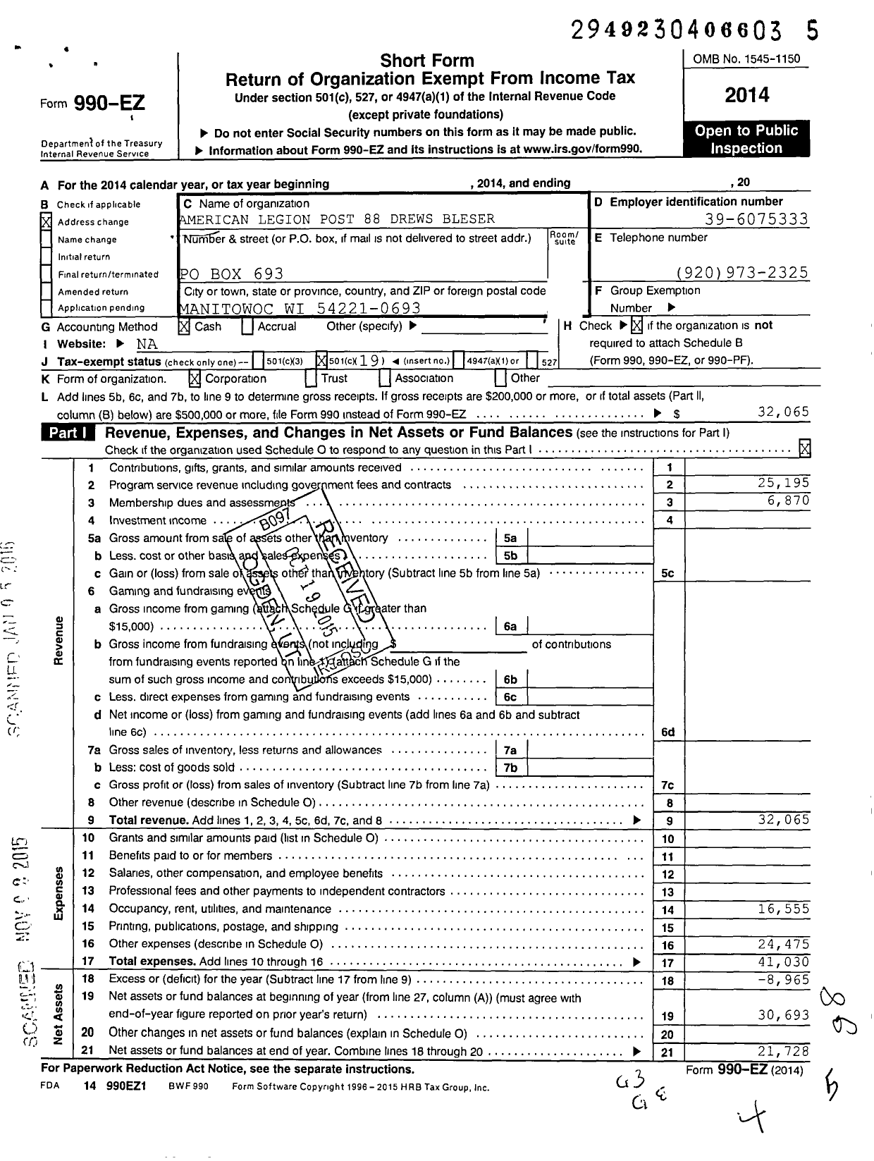 Image of first page of 2014 Form 990EO for American Legion - 88 Post Drew-Bleser