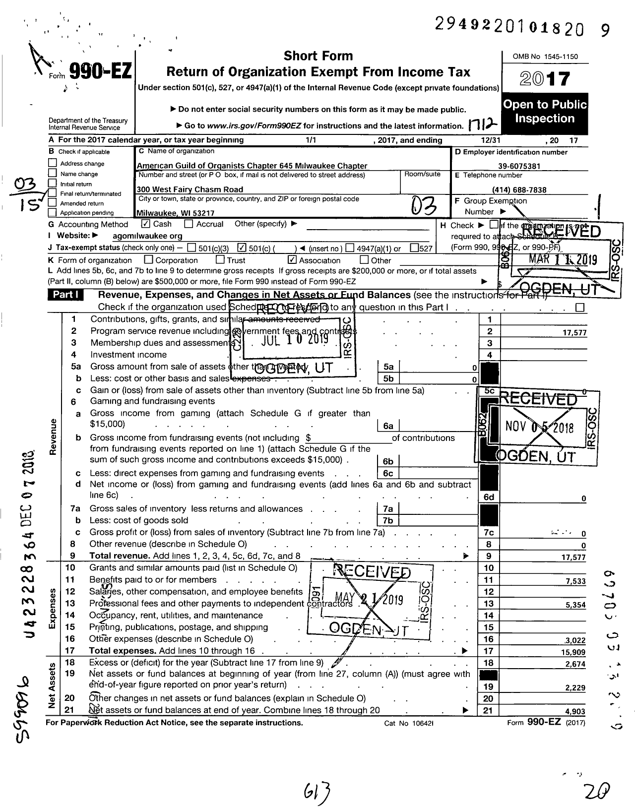 Image of first page of 2017 Form 990EZ for AMERICAN GUILD OF ORGANISTS AGO - 645 Milwaukee Chapter