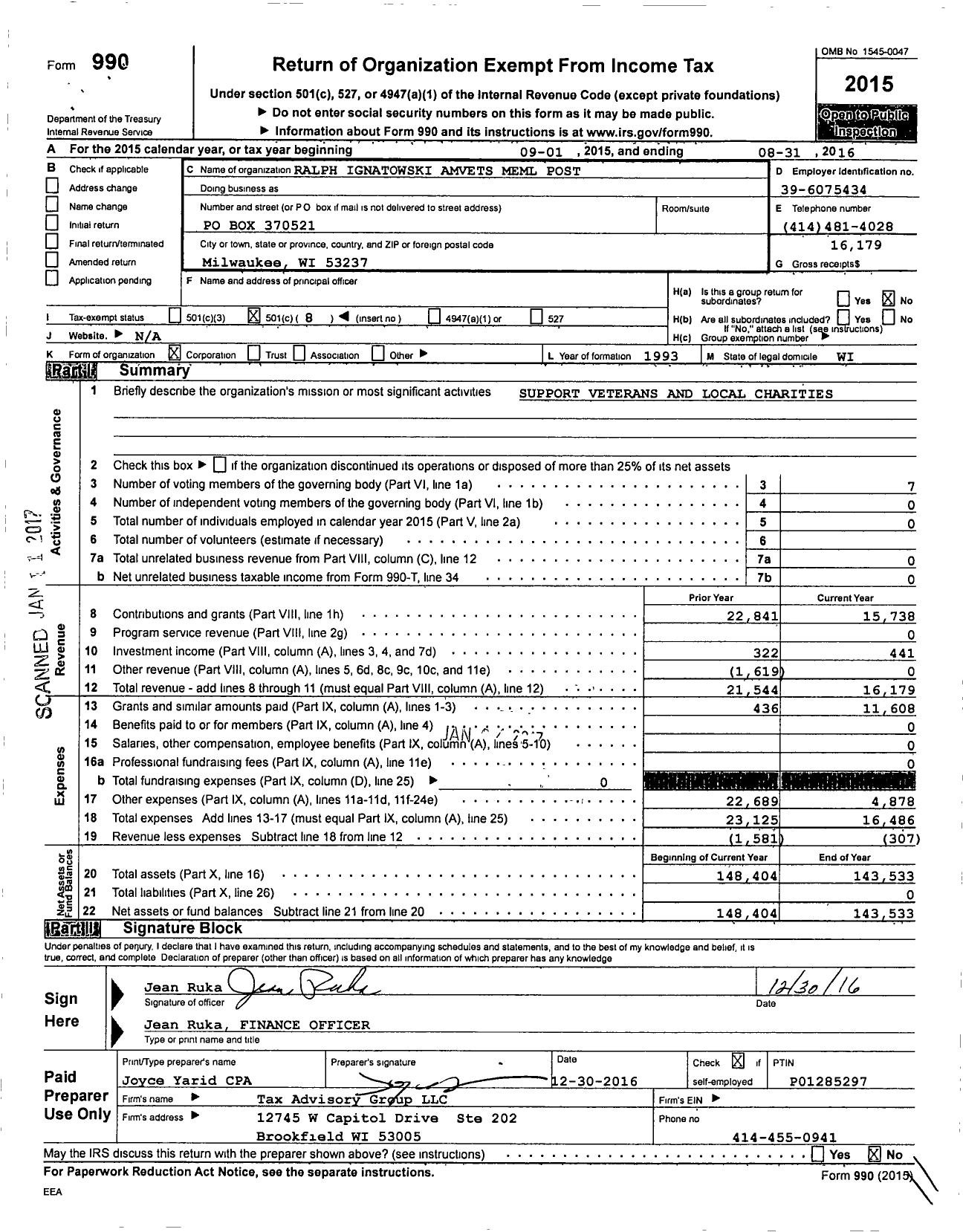 Image of first page of 2015 Form 990O for Amvets - 0060 Wi