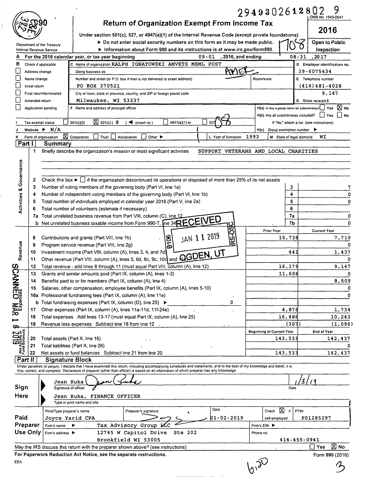 Image of first page of 2016 Form 990O for Amvets - 0060 Wi