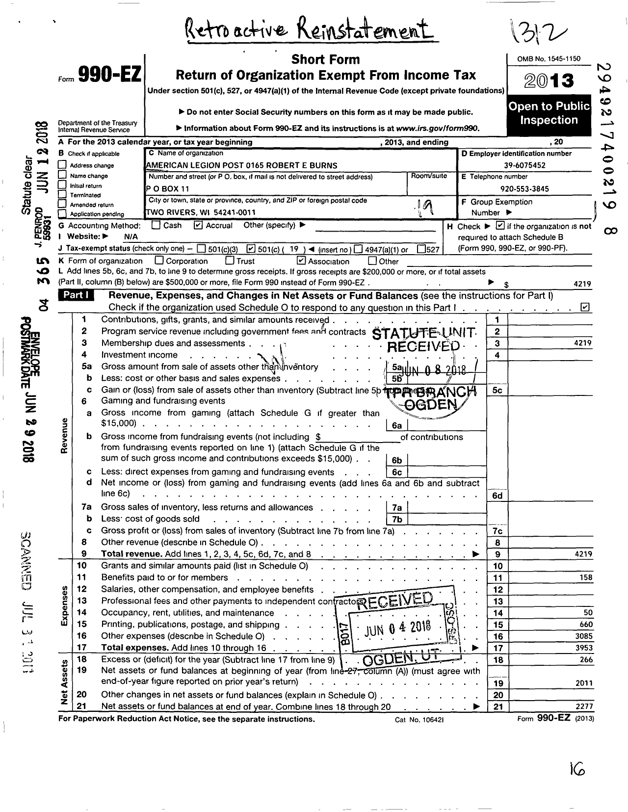 Image of first page of 2013 Form 990EO for American Legion - 165 Robert E Burns Inc Wi Post