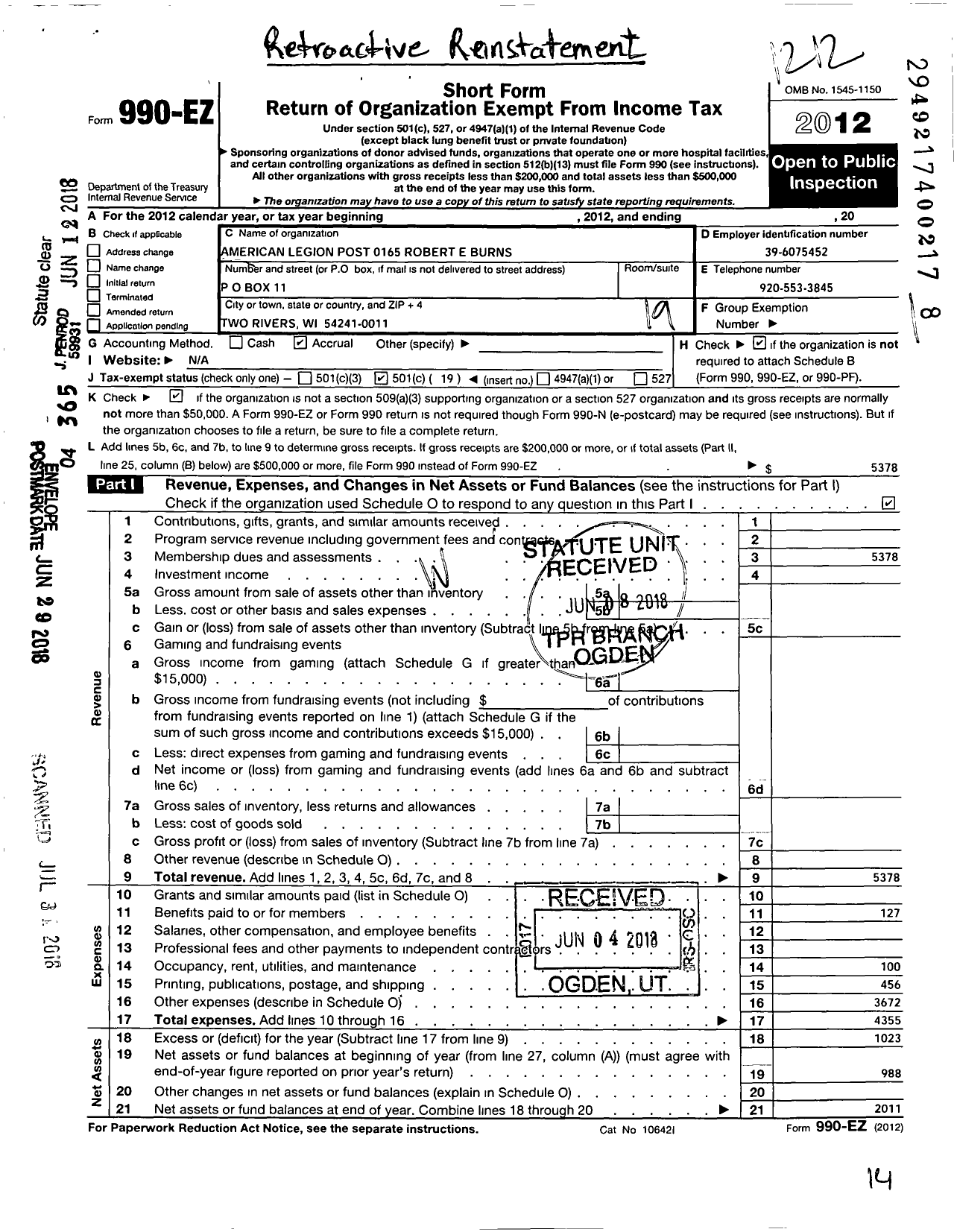 Image of first page of 2012 Form 990EO for American Legion - 165 Robert E Burns Inc Wi Post