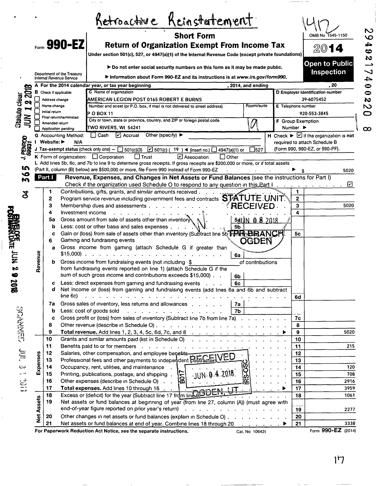 Image of first page of 2014 Form 990EO for American Legion - 165 Robert E Burns Inc Wi Post