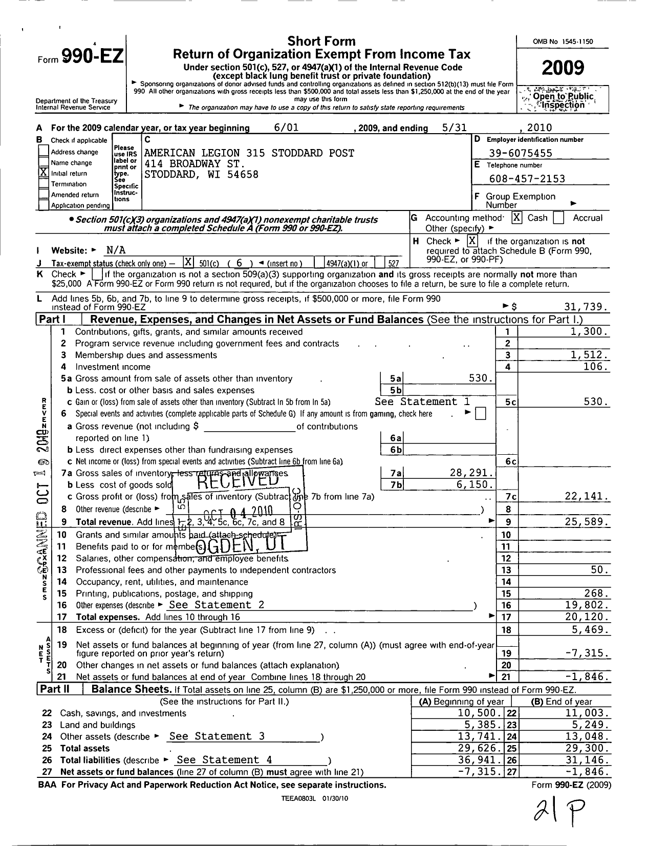 Image of first page of 2009 Form 990EO for American Legion - 0315 Stoddard