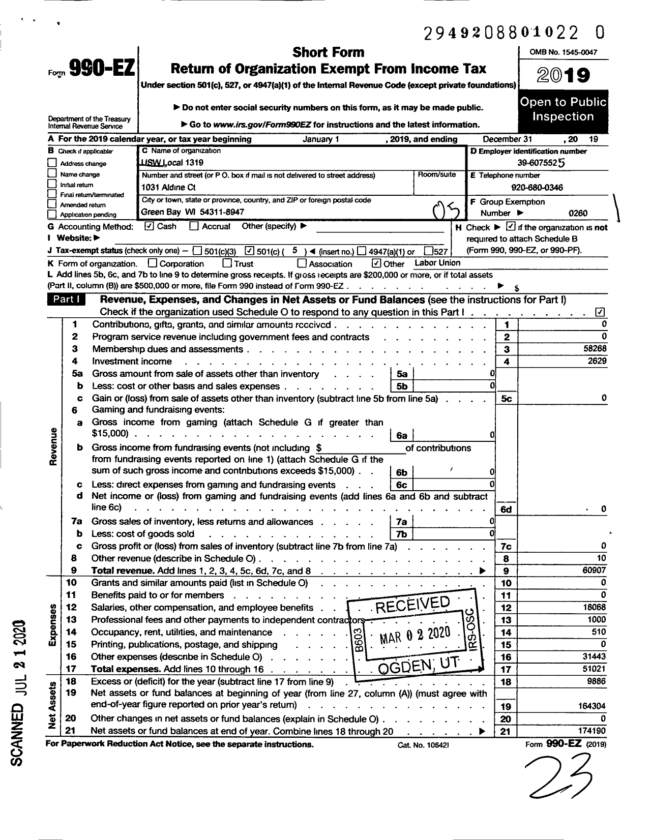 Image of first page of 2019 Form 990EO for United Steelworkers - 01319 Local