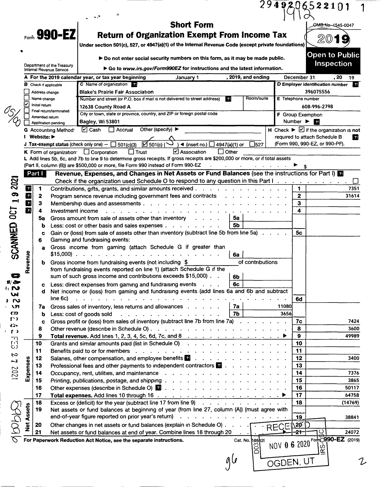 Image of first page of 2019 Form 990EO for Blakes Prairie Fair Association