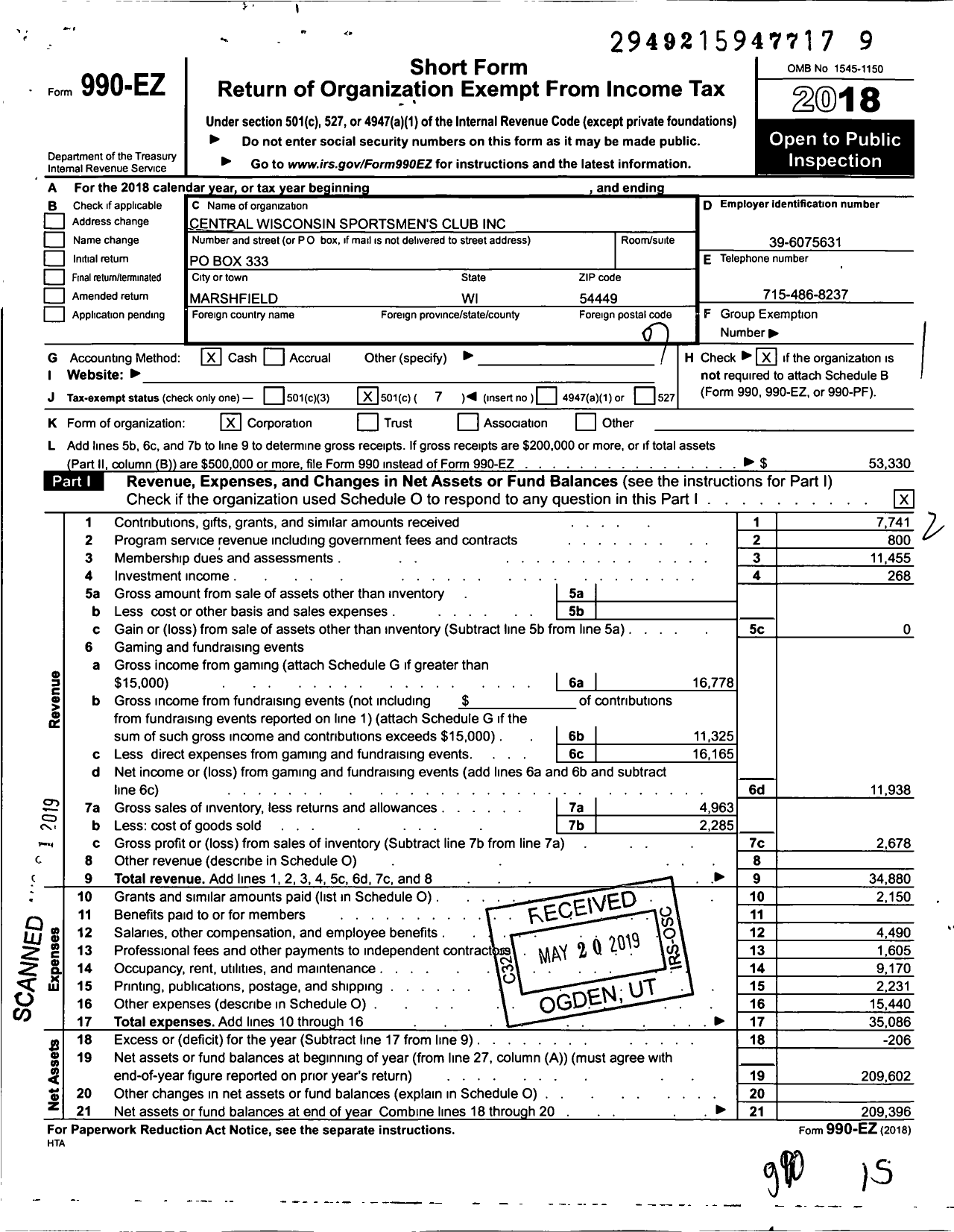 Image of first page of 2018 Form 990EO for Central Wisconsin Sportsmen's Club