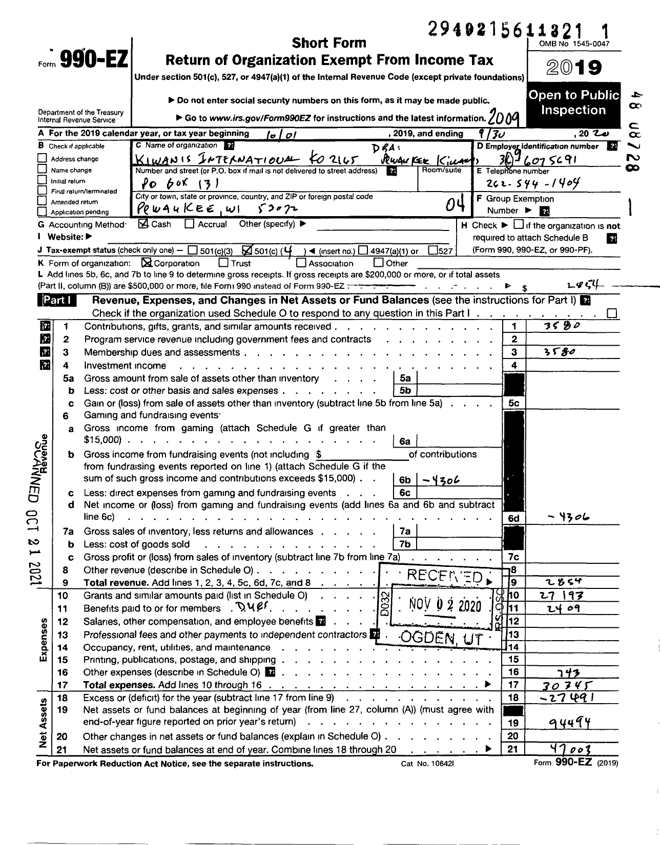 Image of first page of 2019 Form 990EO for Kiwanis International - Pewaukee Kiwanis Club