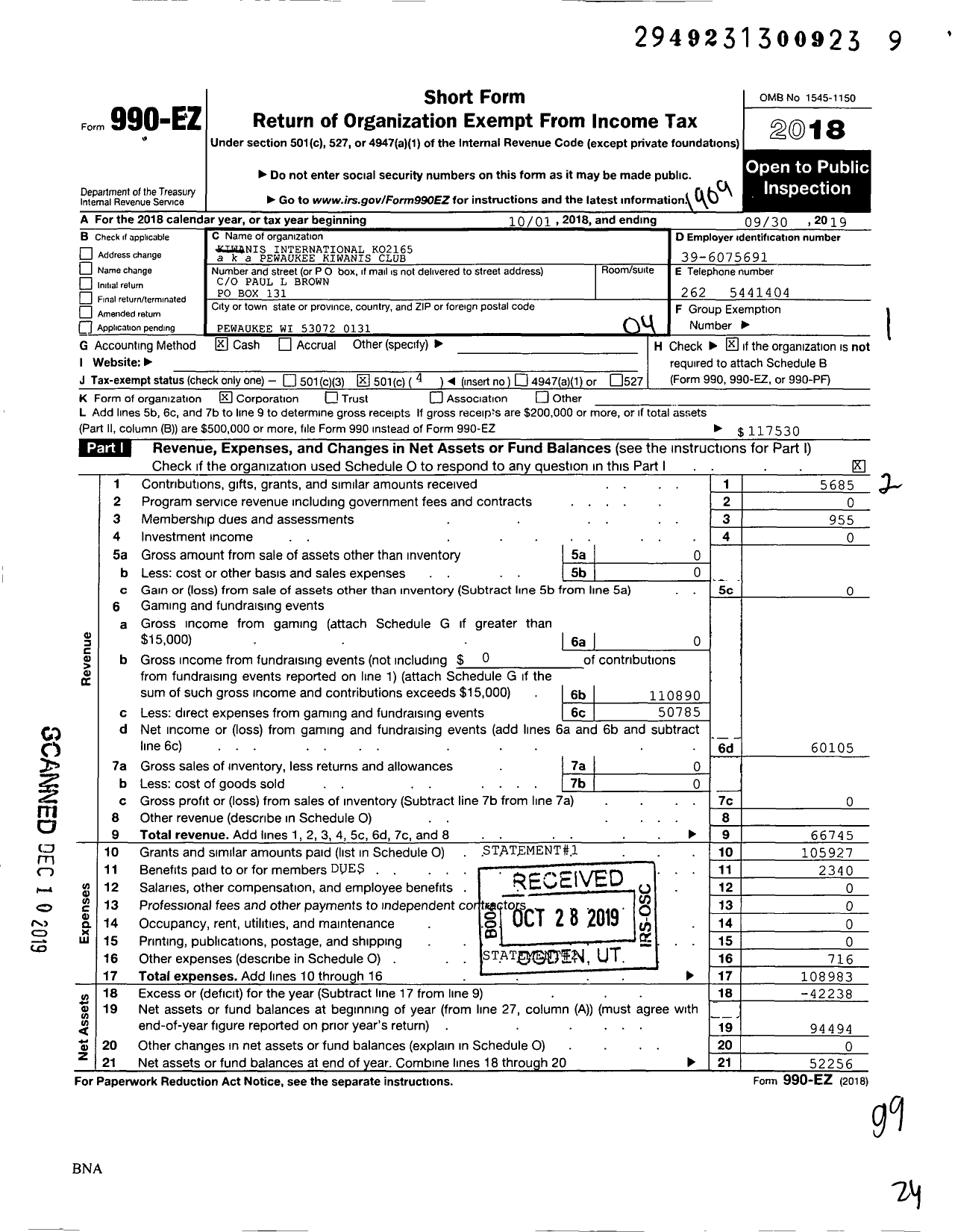 Image of first page of 2018 Form 990EO for Kiwanis International - Pewaukee Kiwanis Club