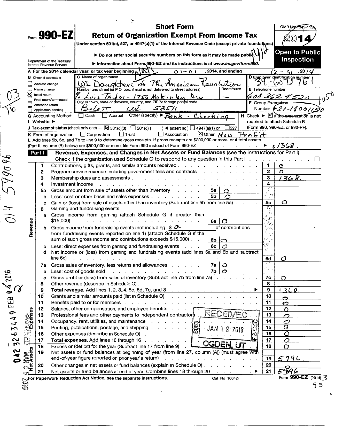 Image of first page of 2014 Form 990EZ for Daughters of the American Revolution - Fort Crawford Dar