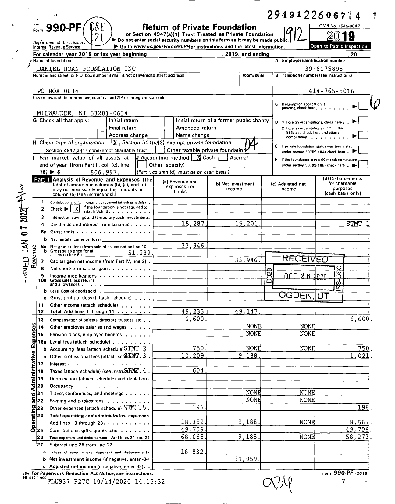 Image of first page of 2019 Form 990PF for Daniel Hoan Foundation