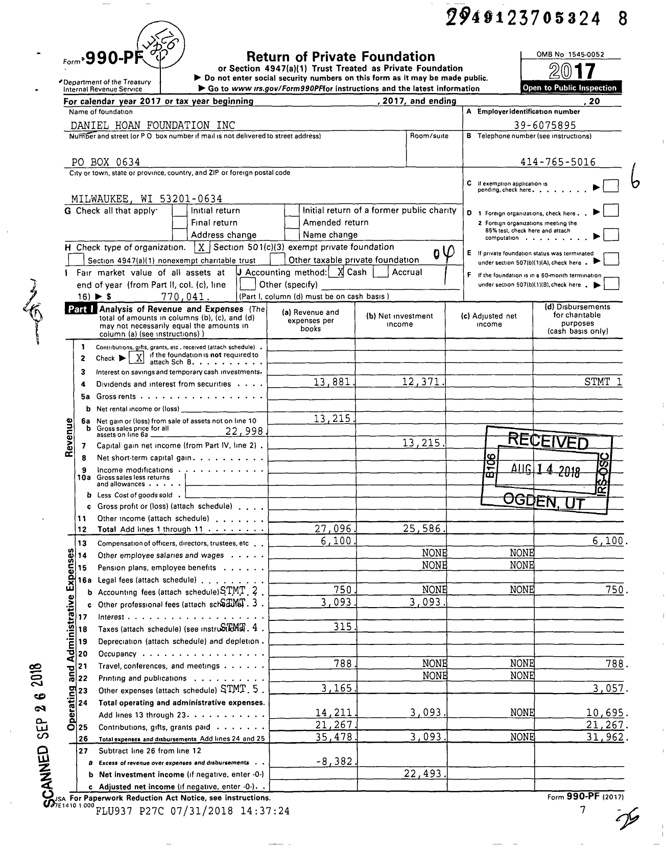 Image of first page of 2017 Form 990PF for Daniel Hoan Foundation