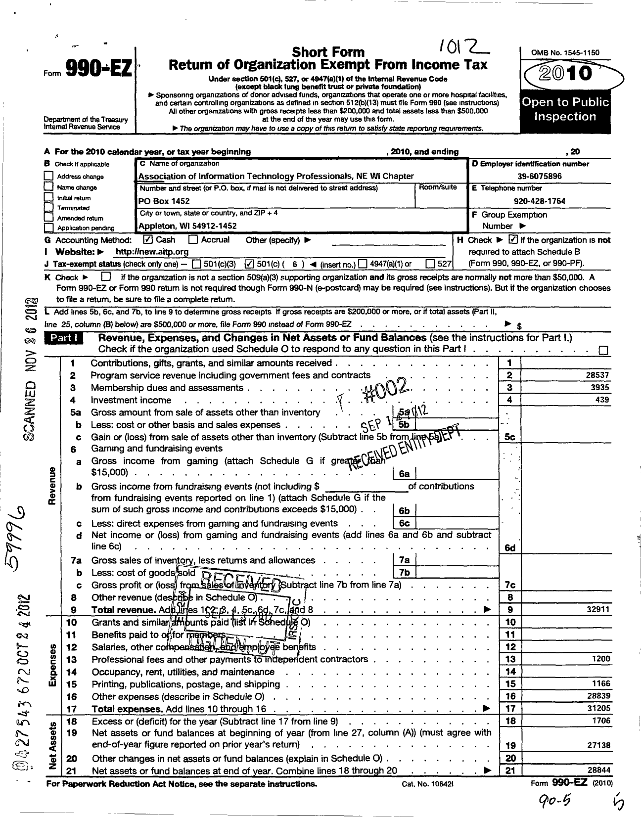 Image of first page of 2010 Form 990EO for Association of Information Technology Professionals - 35 Northeastern Wisconsin Chapter