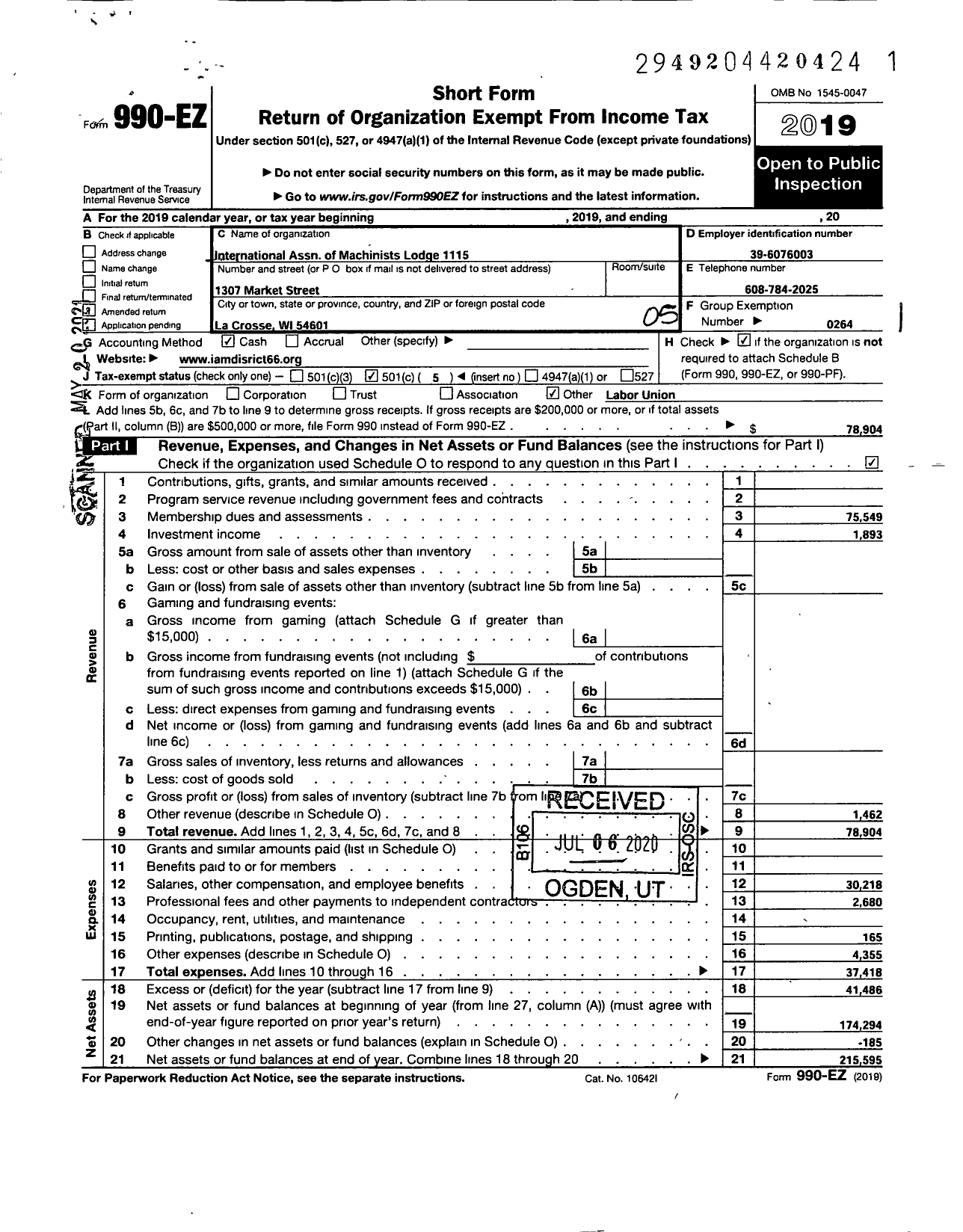 Image of first page of 2019 Form 990EO for International Association of Machinists and Aerospace Workers - 1115