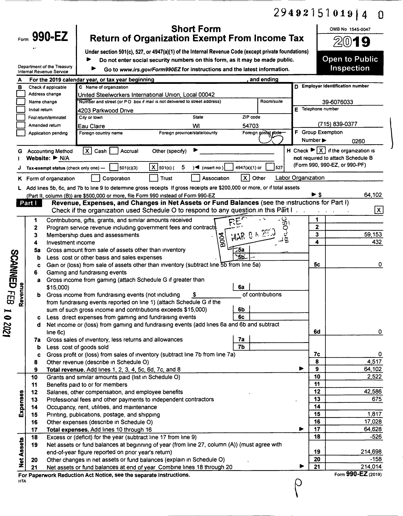 Image of first page of 2019 Form 990EO for United Steelworkers - 00042 Local