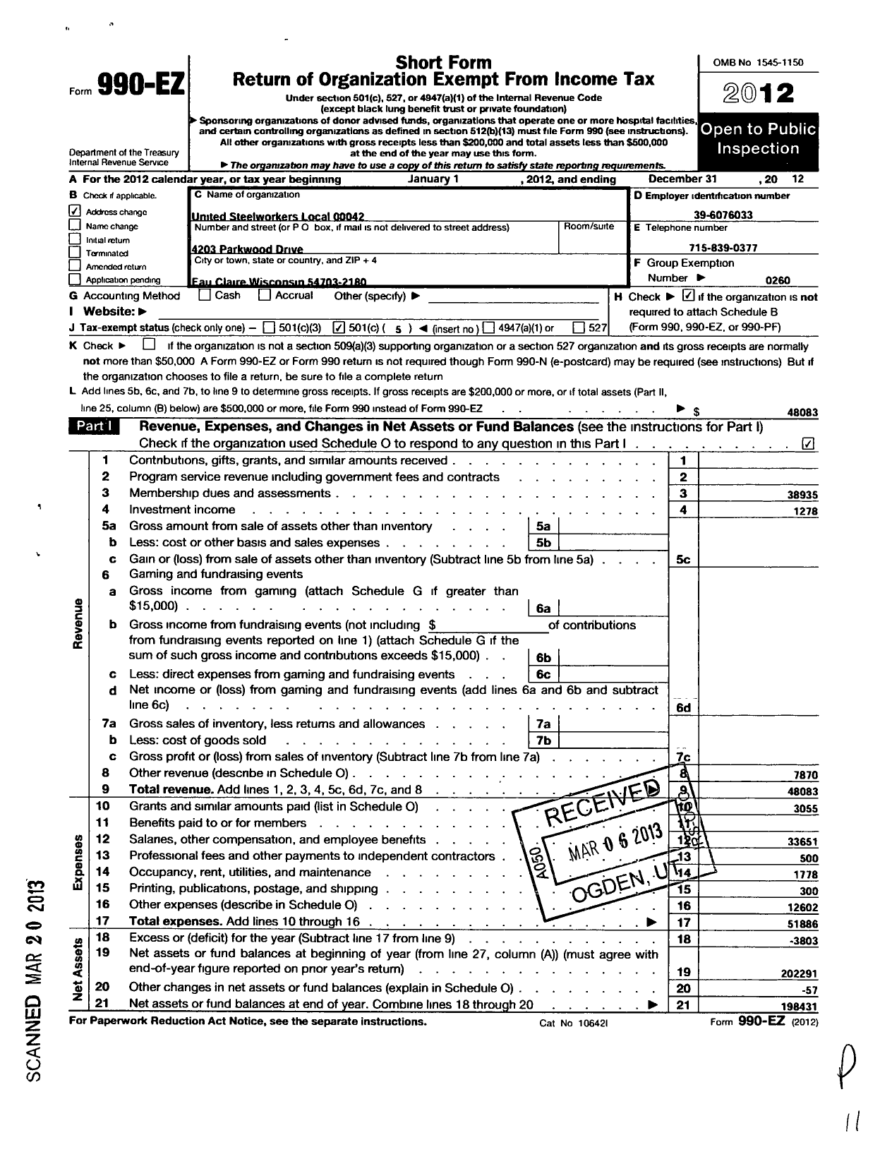 Image of first page of 2012 Form 990EO for United Steelworkers Local 00042