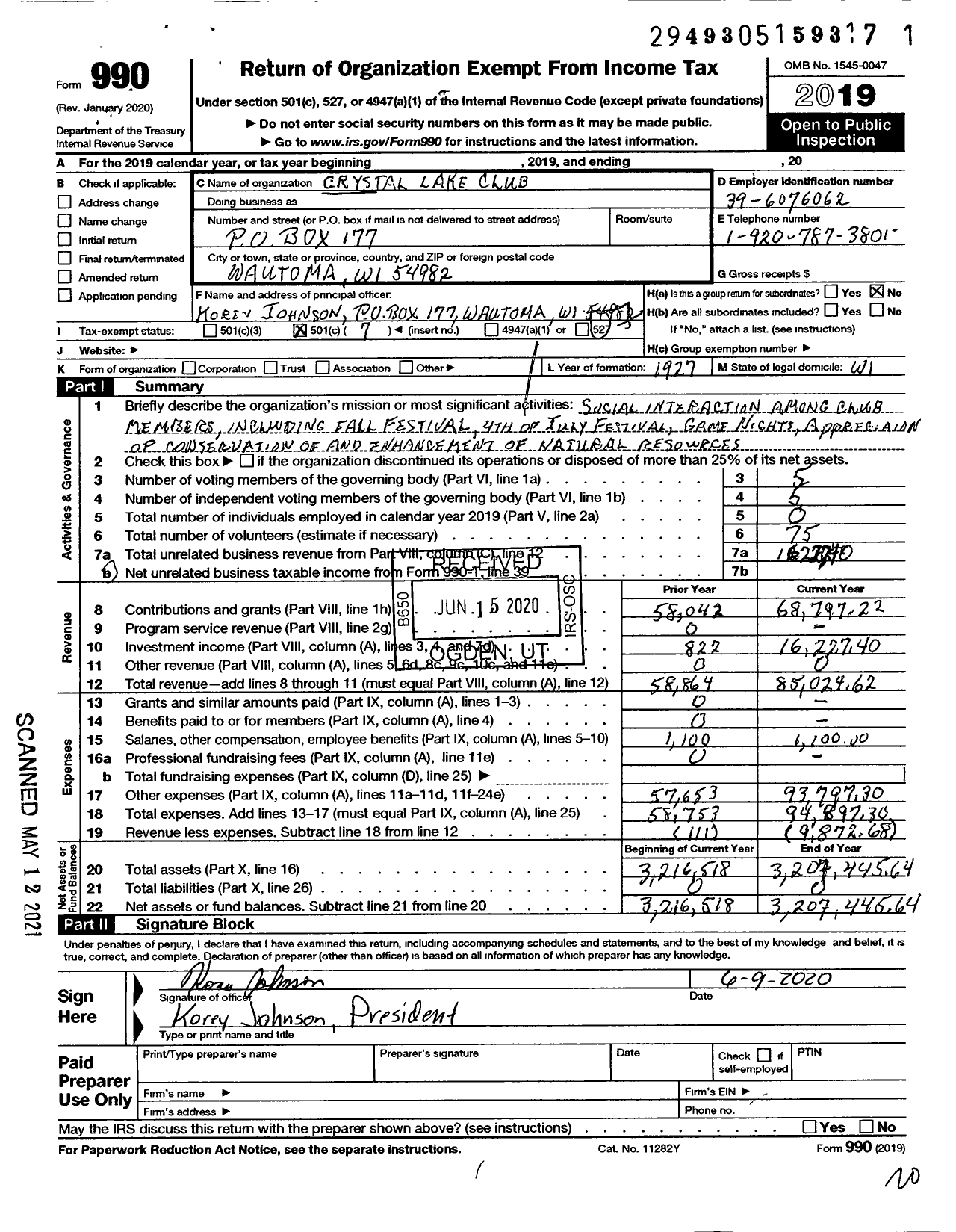 Image of first page of 2019 Form 990O for Crystal Lake Club