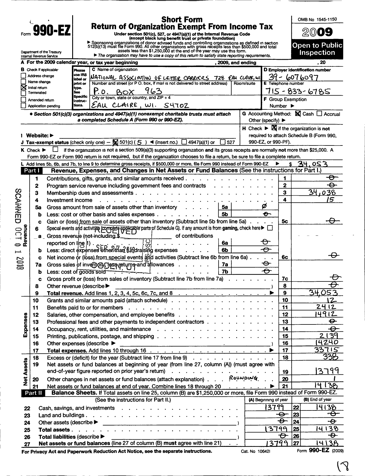 Image of first page of 2009 Form 990EO for National Association of Letter Carriers Branch 728