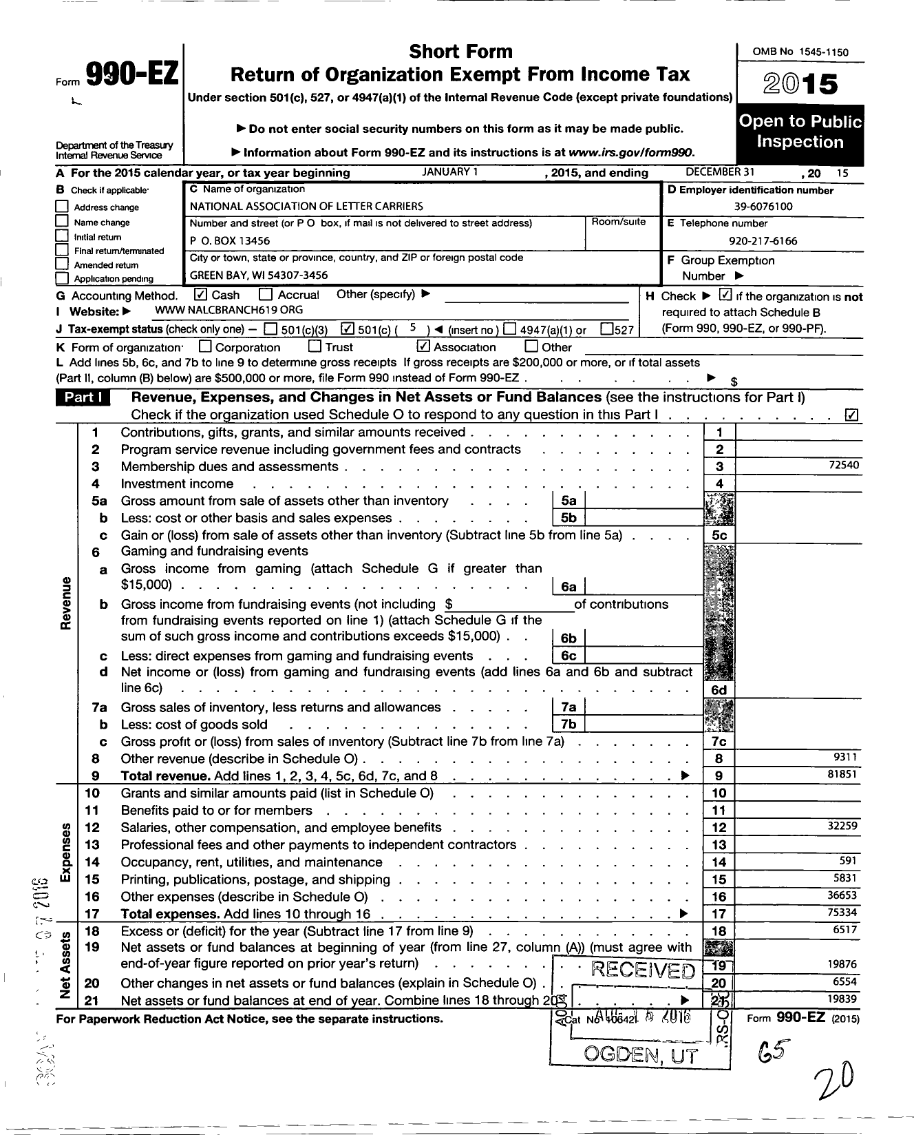 Image of first page of 2015 Form 990EO for National Association of Letter Carriers - 619 Titletown Branch