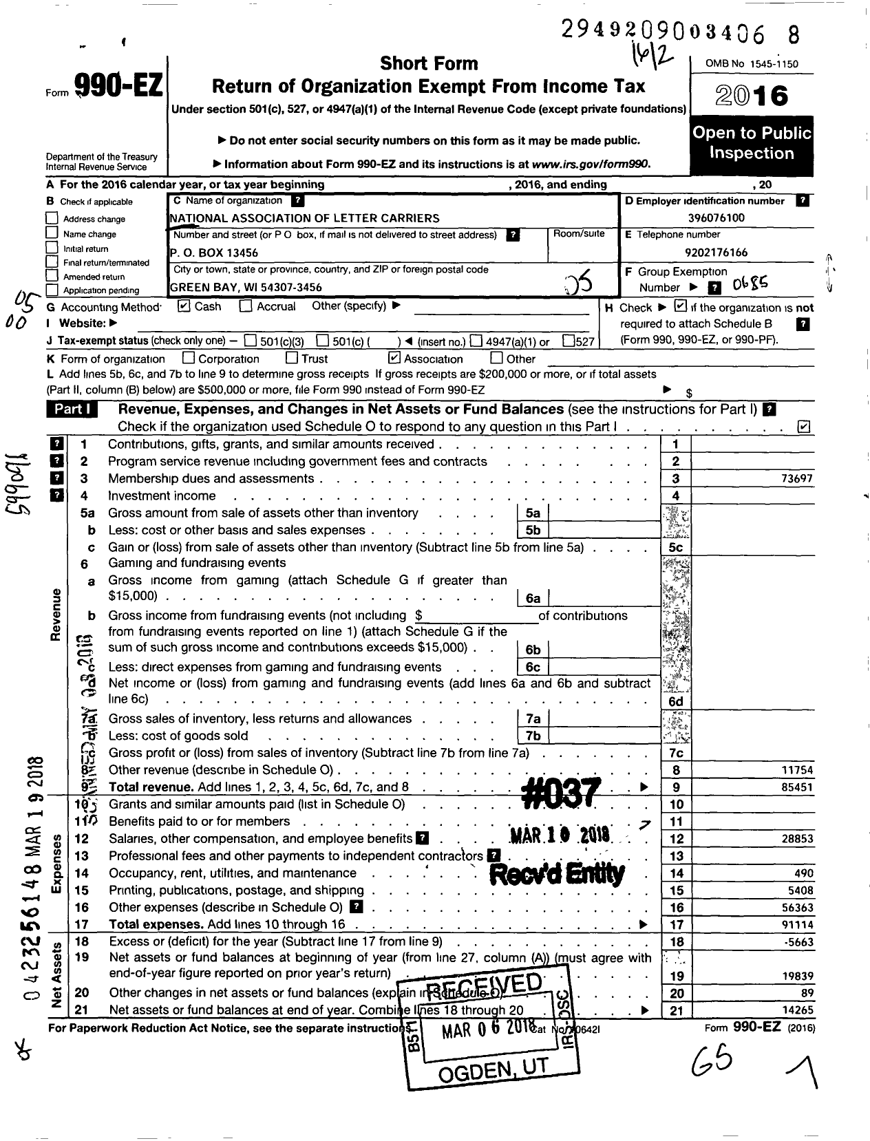 Image of first page of 2016 Form 990EO for National Association of Letter Carriers - 619 Titletown Branch